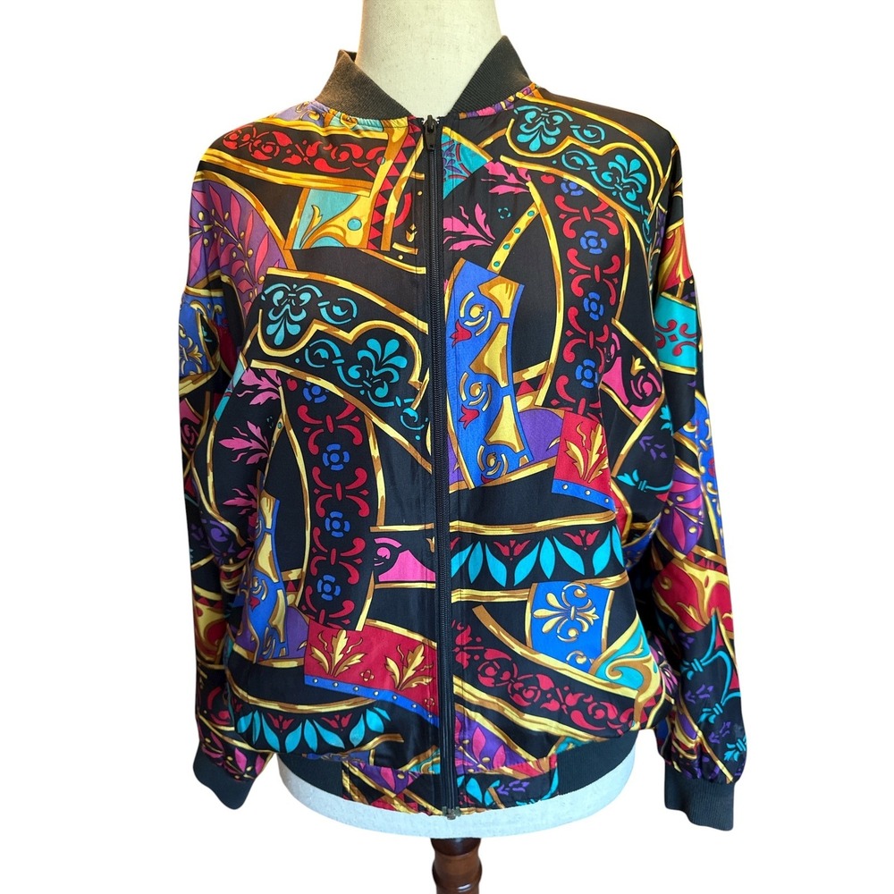 Vintage 80s Silk Satin Bomber Jacket | Abstract Baroque Print | OSFM - Picture 10 of 12